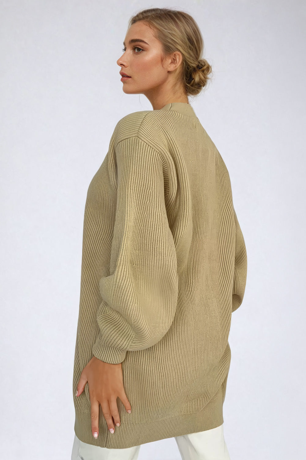 Oversized Ribbed Knit Cardigan with V-Neckline - Beige