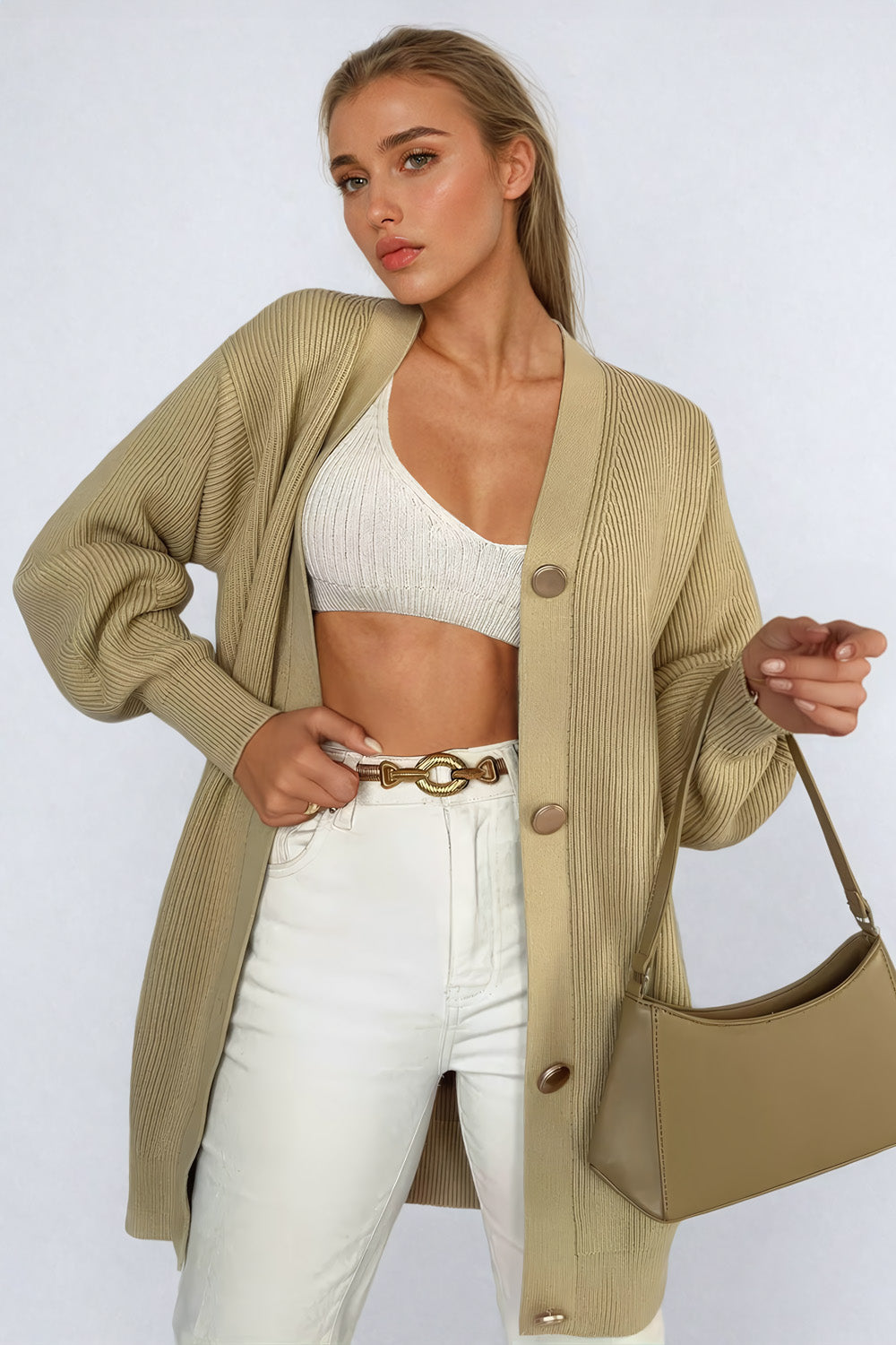 Oversized Ribbed Knit Cardigan with V-Neckline - Beige