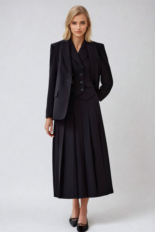 Three-Piece Set with Double-Breasted Blazer with Vest and Pleated Skirt - Black