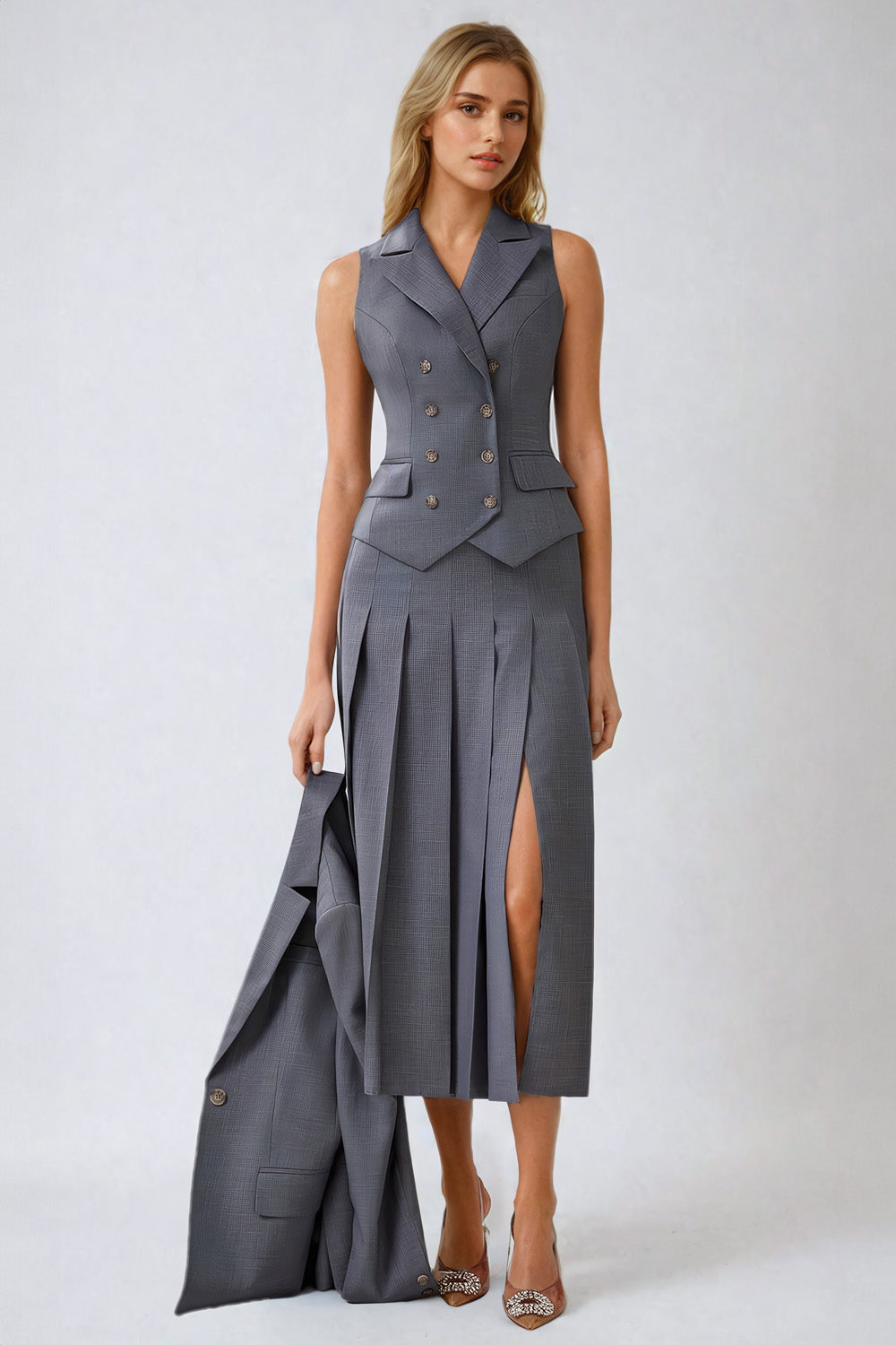 Three-Piece Set with Double-Breasted Blazer with Vest and Pleated Skirt - Gray