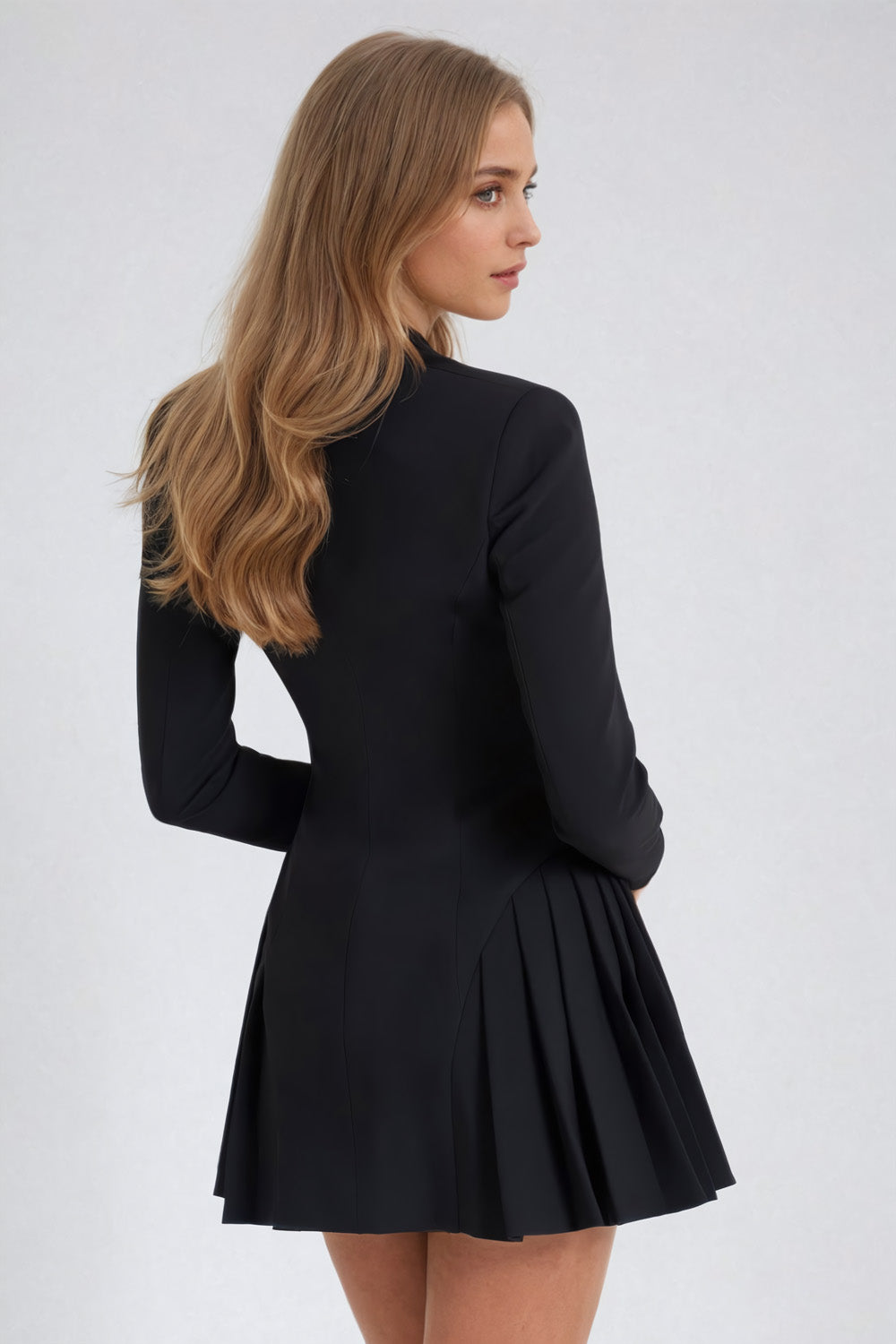 Buttoned Blazer-Style Mini Dress with Pleated Skirt - Black