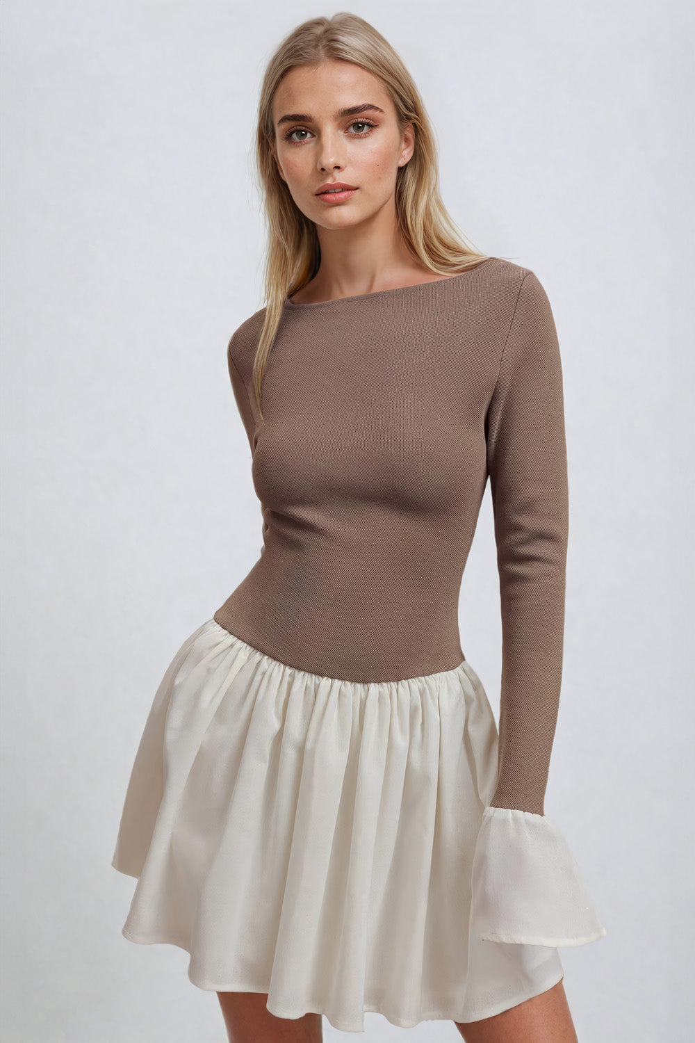 Long Sleeves Pleated Skirt Mini Dress - Brown