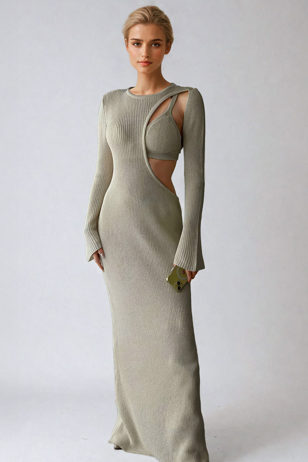 Knitted Maxi Dress with Cut-Out Detail - Beige