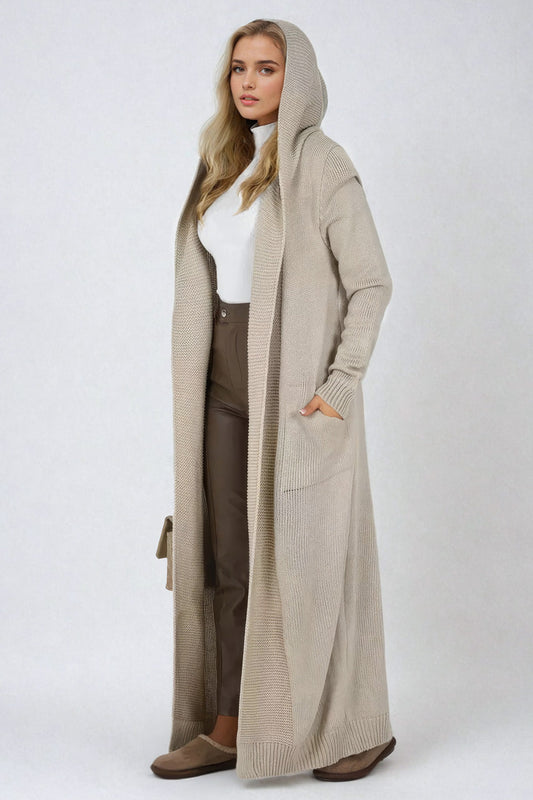 Long Hooded Knit Cardigan with Open Front - Dark Beige