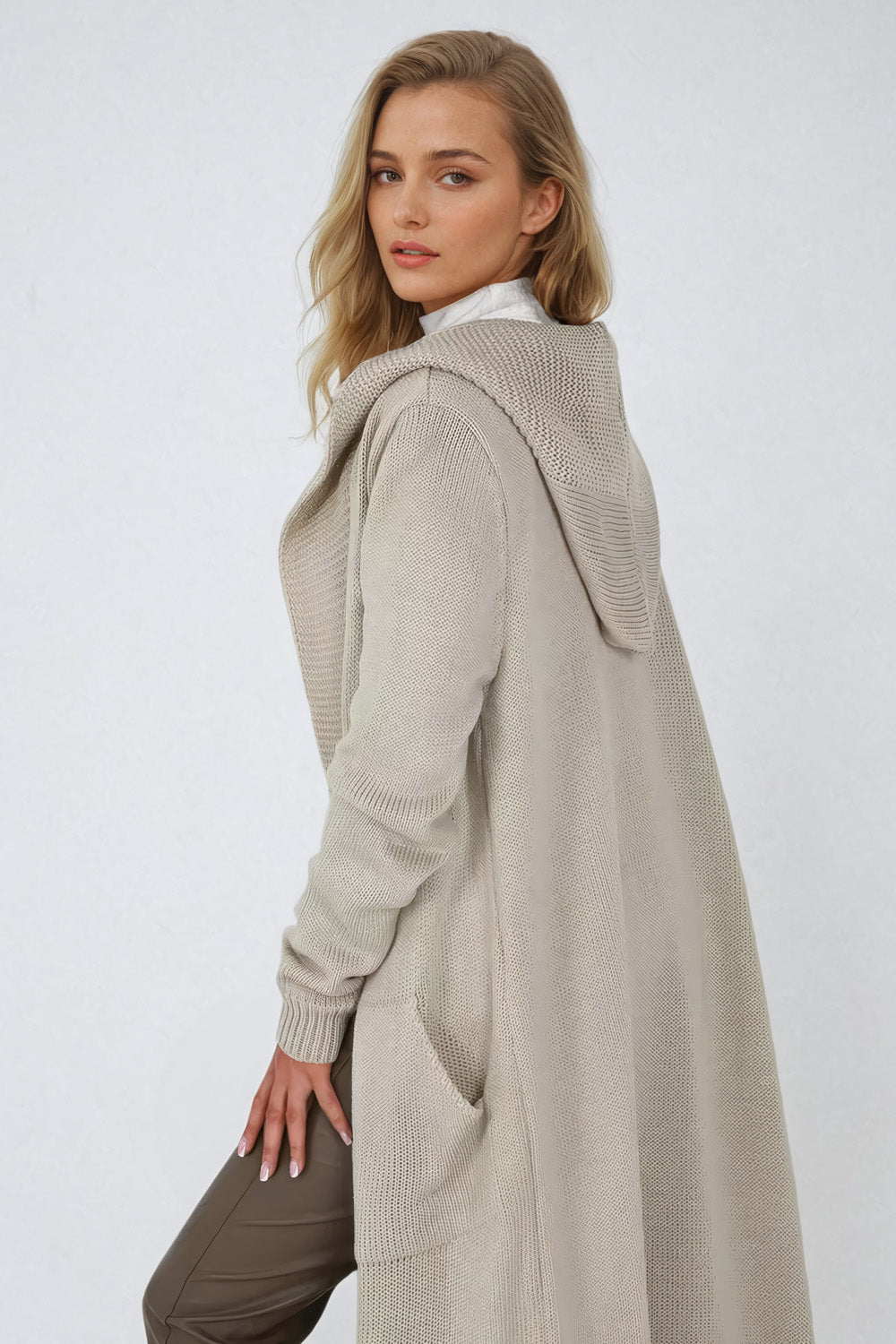 Long Hooded Knit Cardigan with Open Front - Dark Beige