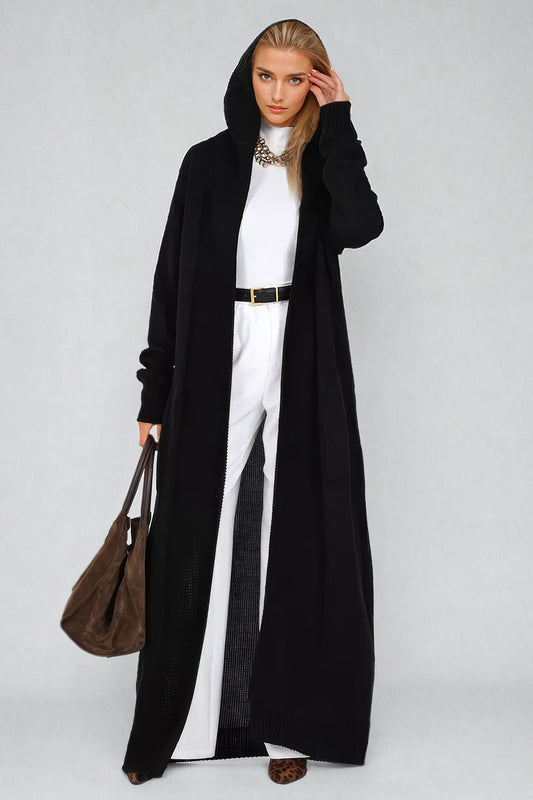 Long Hooded Knit Cardigan with Open Front - Black