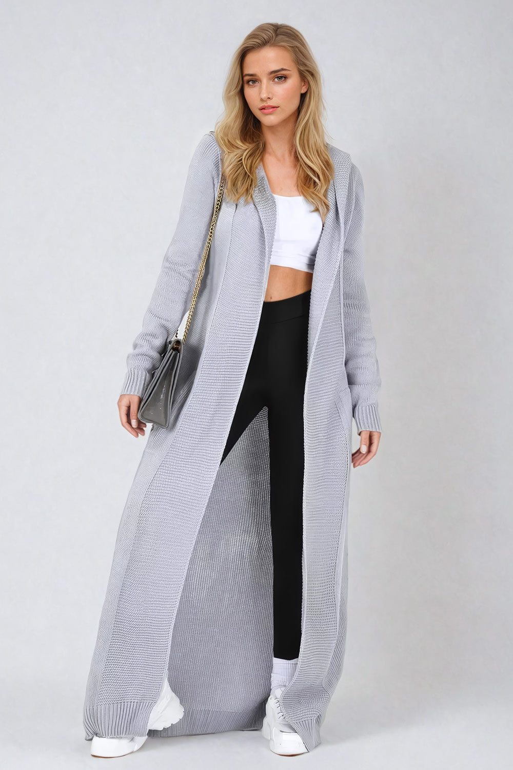 Long Hooded Knit Cardigan with Open Front - Gray