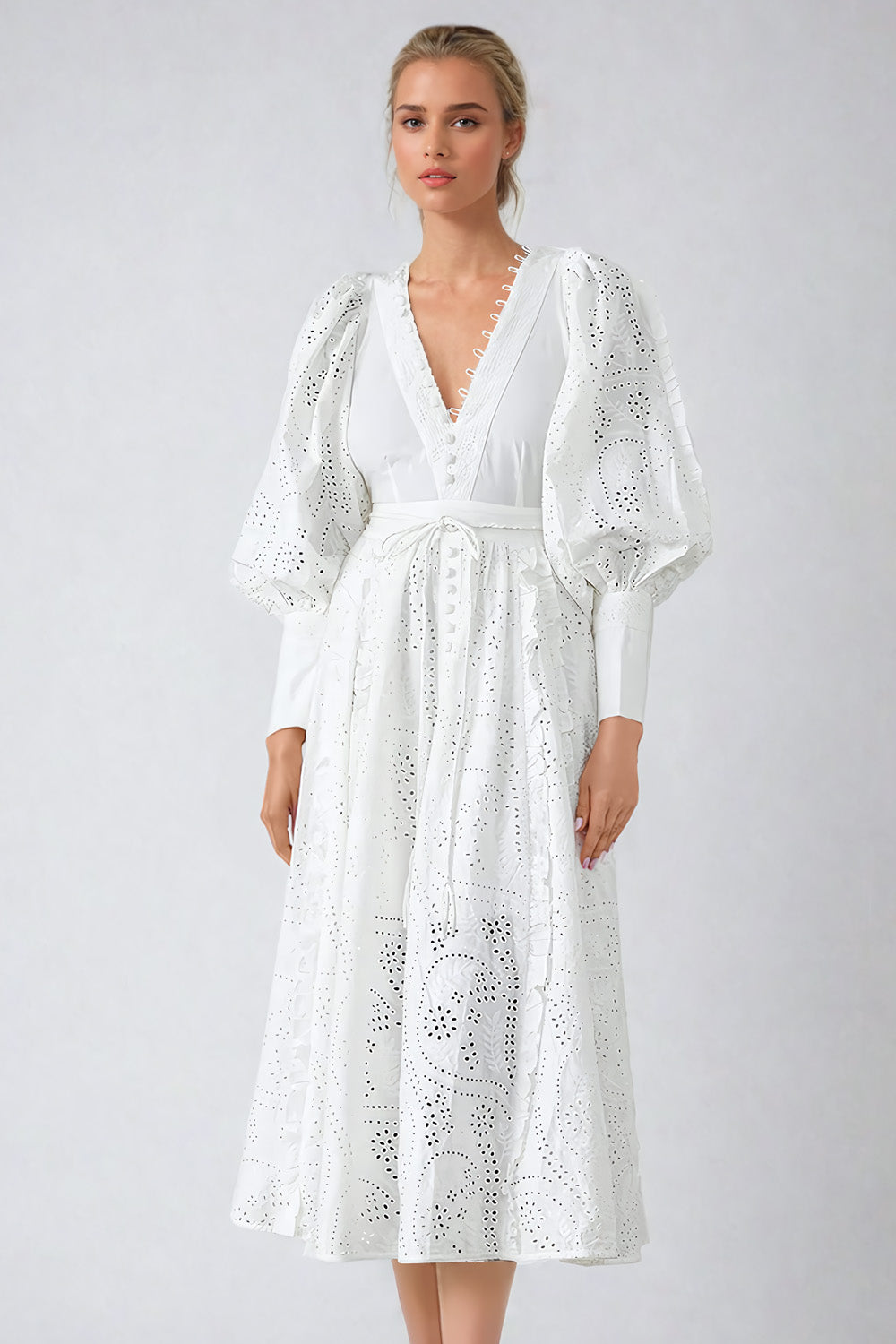 Elegant Puff Sleeve Midi Dress with V-Neckline - White