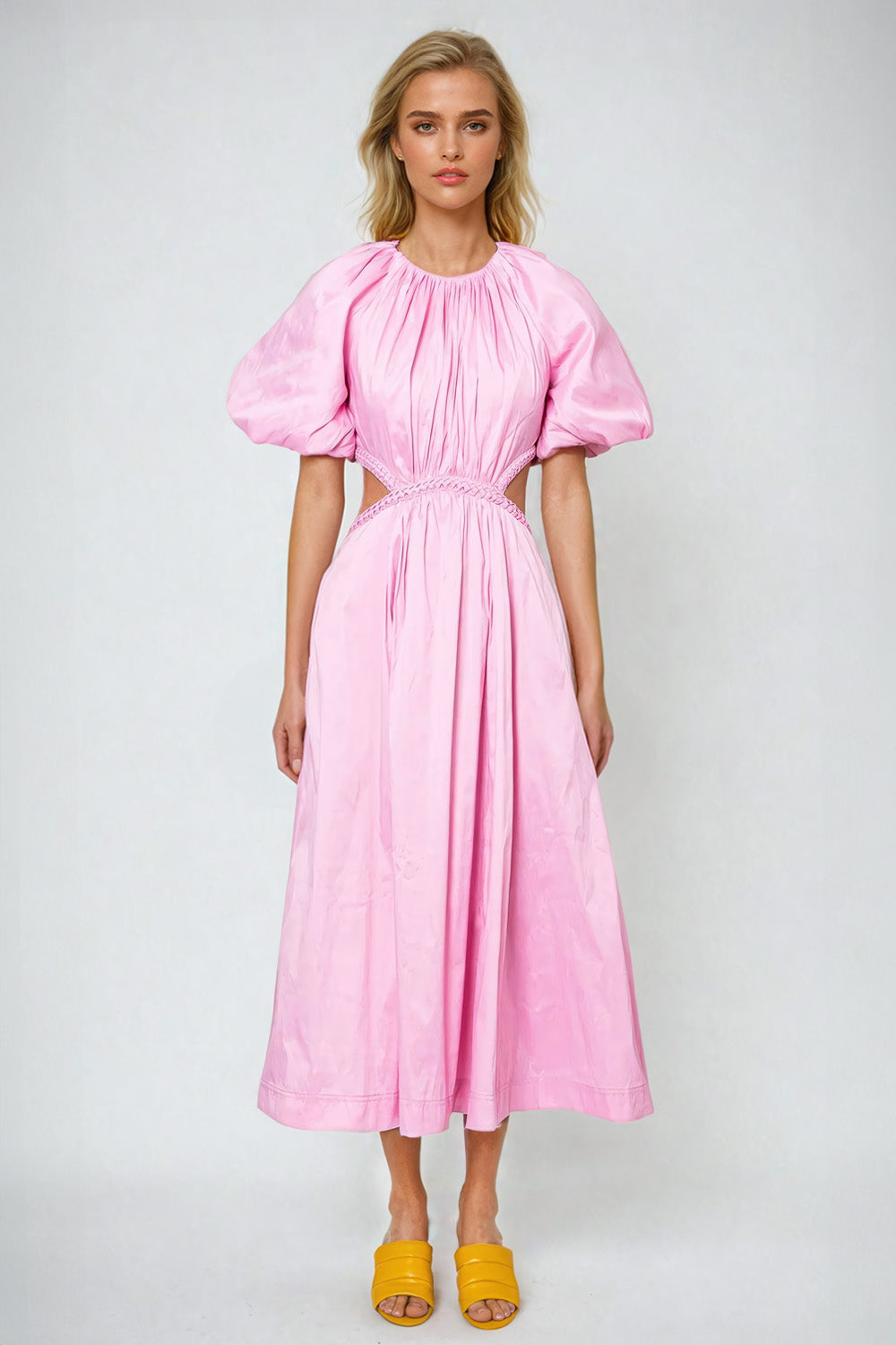 Elegant Puff Sleeve Midi Dress with V-Neckline - Pink