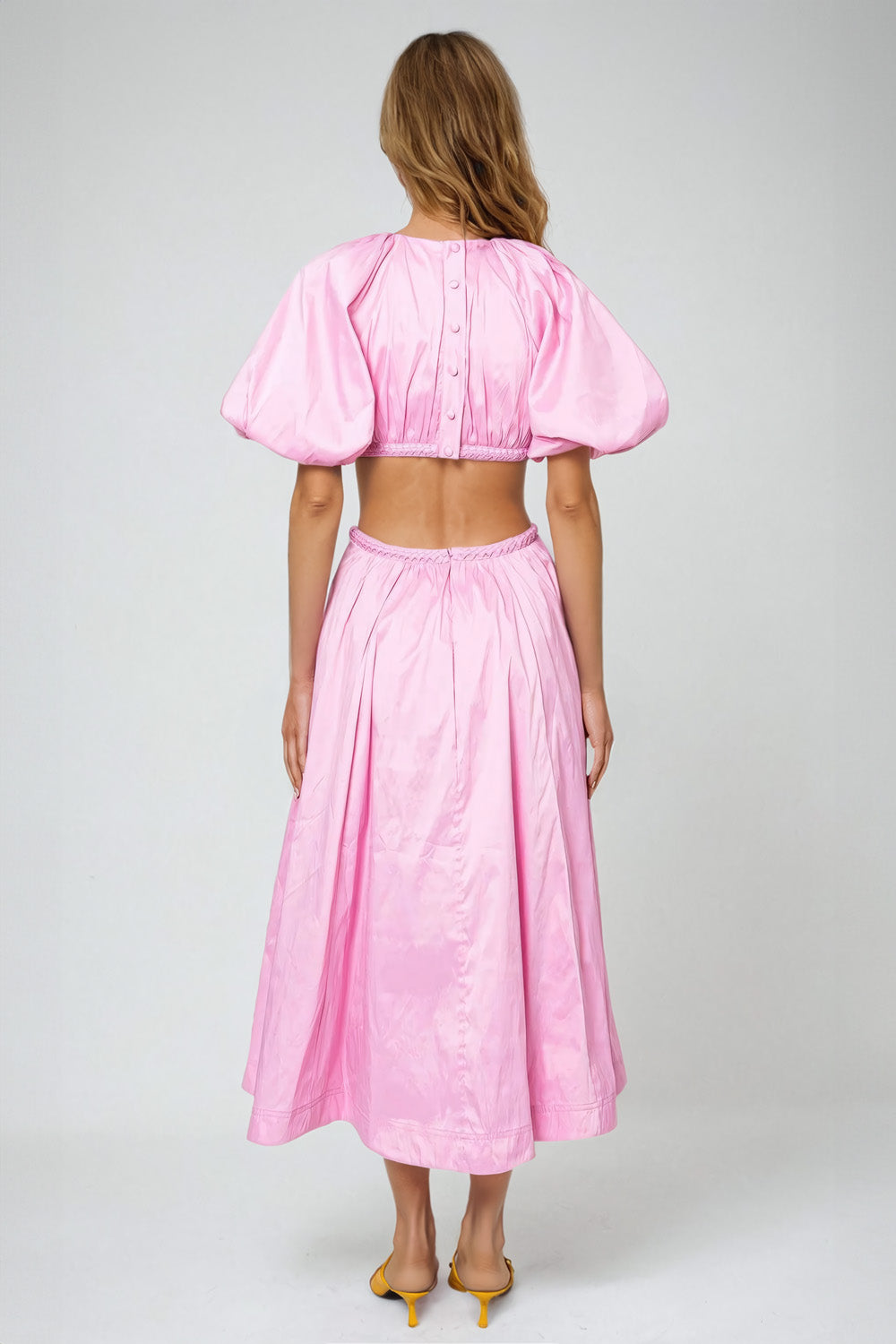 Elegant Puff Sleeve Midi Dress with V-Neckline - Pink