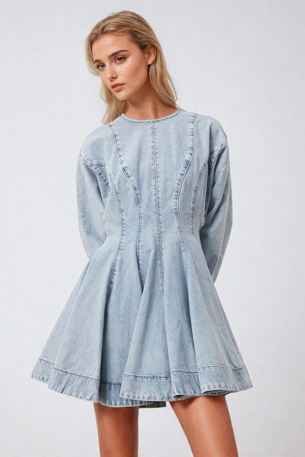 Structured Denim Mini Dress with Long Sleeves - Blue