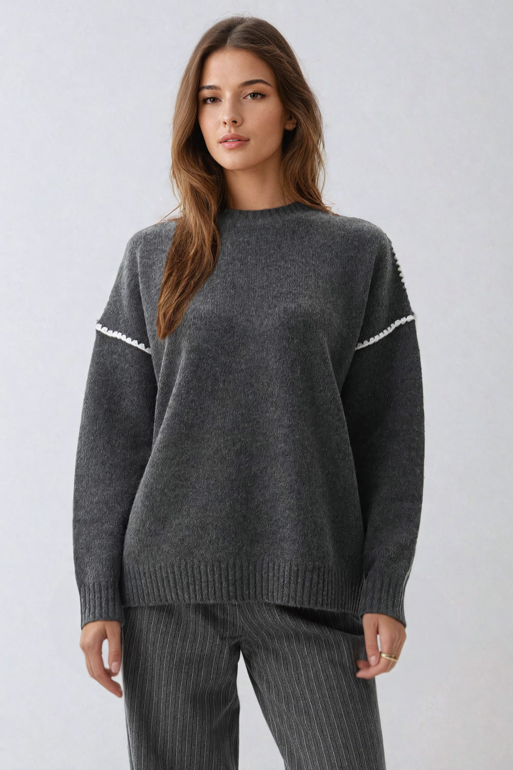 Sweater with Shoulder Stitching and Ribbed Trims - Dark Gray