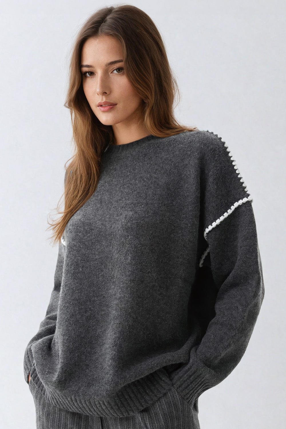 Sweater with Shoulder Stitching and Ribbed Trims - Dark Gray