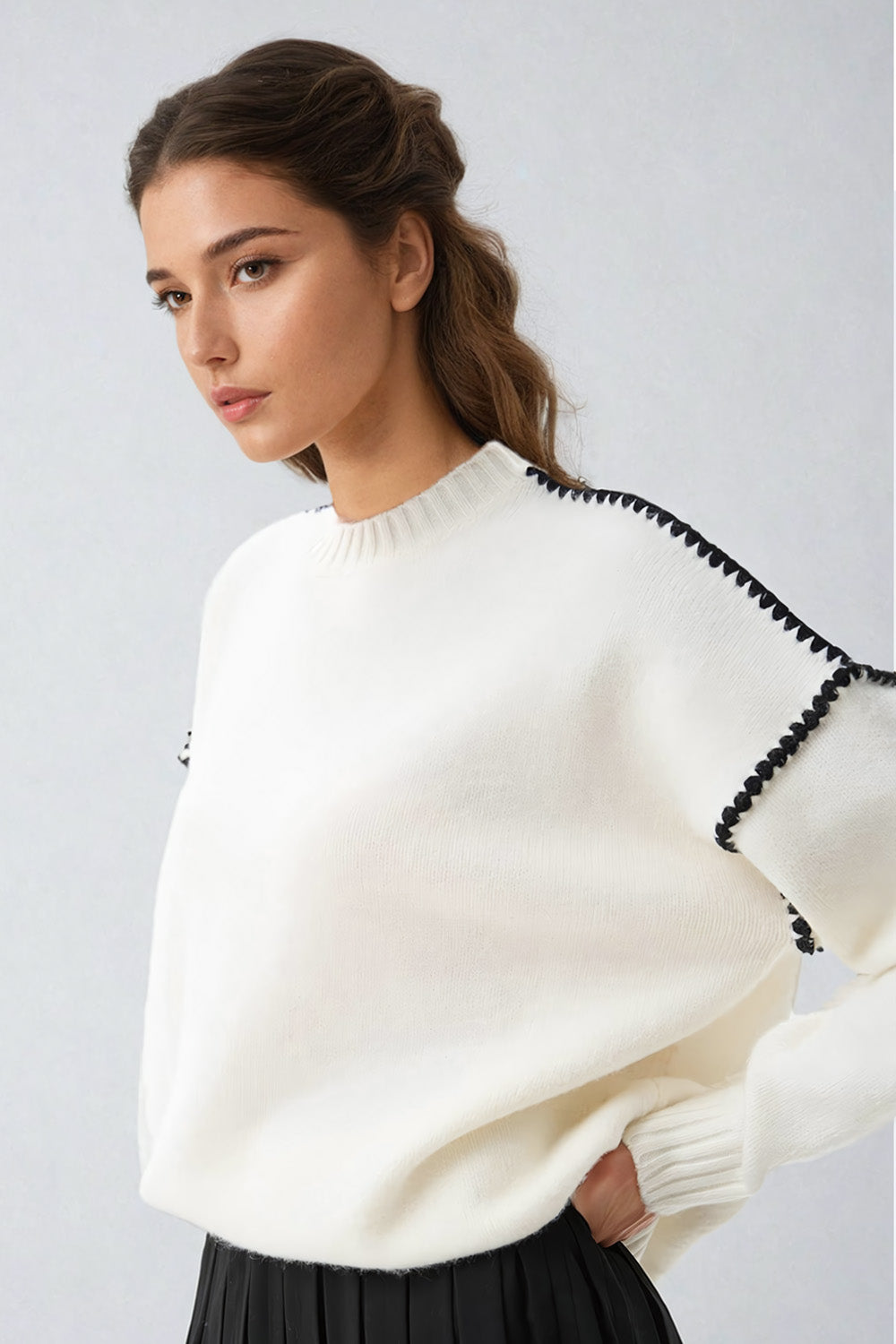 Sweater with Shoulder Stitching and Ribbed Trims - White