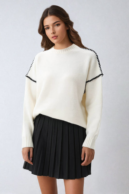 Sweater with Shoulder Stitching and Ribbed Trims - White