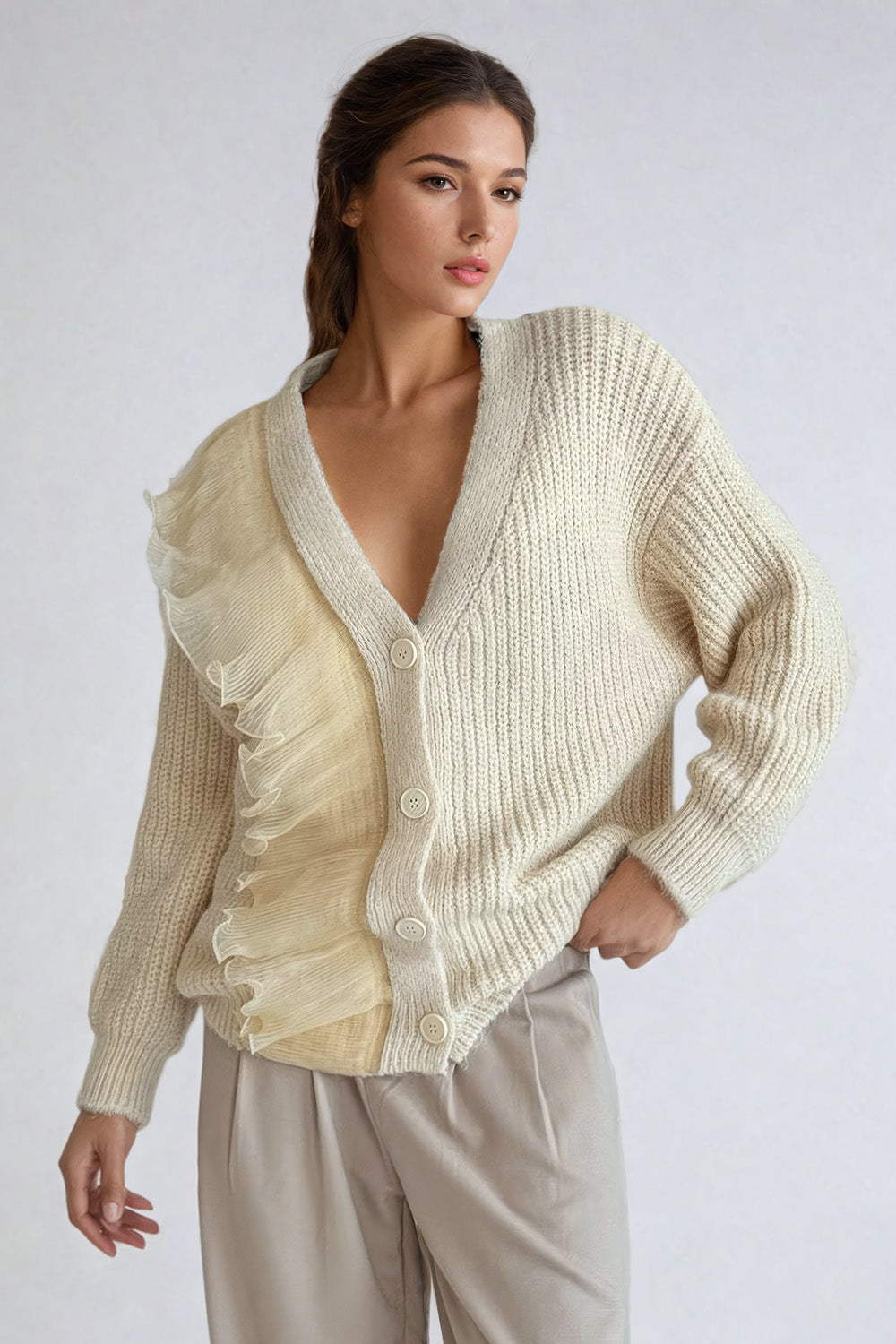 Knitted Cardigan with Sheer Ruffle Accent - Beige