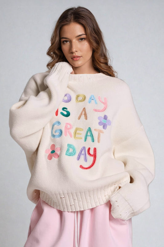 Oversized Knitted Sweater with Embroidered Slogan - White