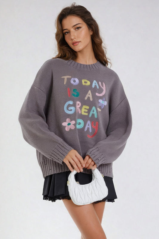 Oversized Knitted Sweater with Embroidered Slogan - Gray