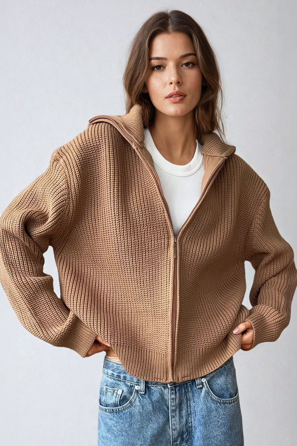 Zip-Up Knitted Sweater with High Collar - Brown