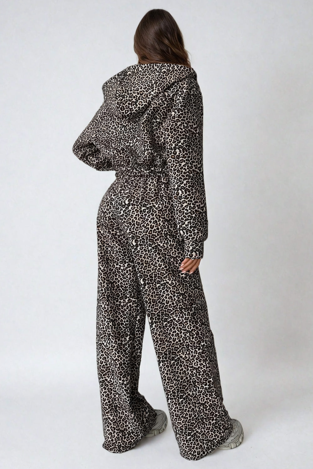 Two-Piece Set with Leopard Hooded Jacket and Trousers - Brown