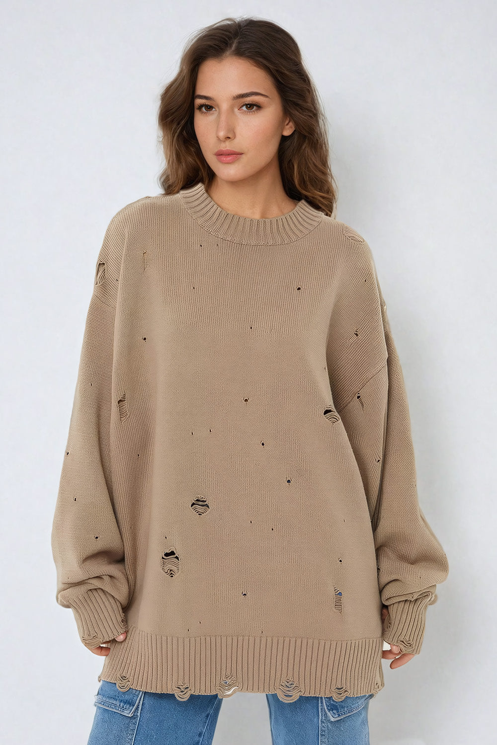 Oversized Distressed Knit Sweater - Brown