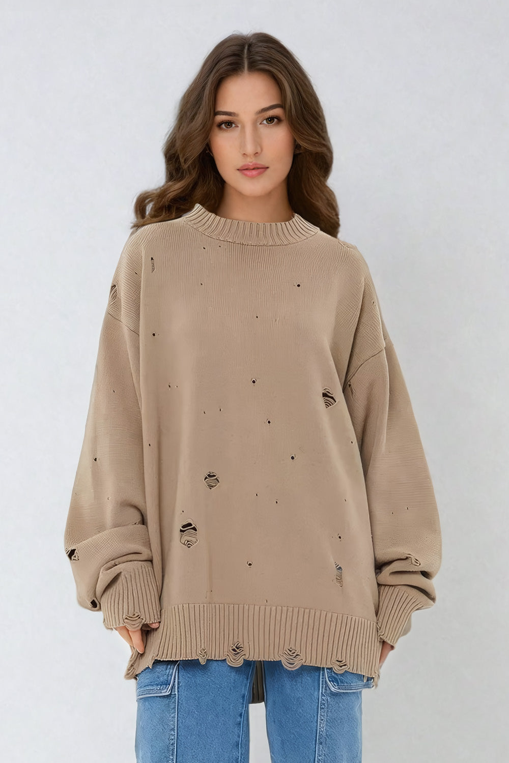 Oversized Distressed Knit Sweater - Brown