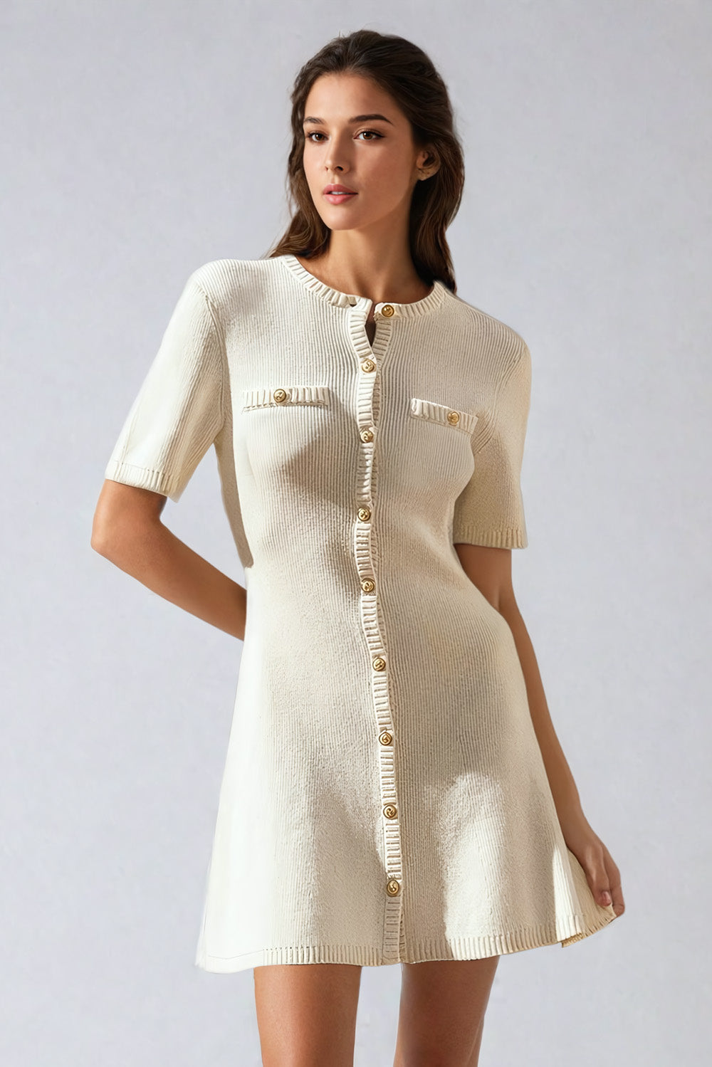 Ribbed Knitted Mini Dress with Front Buttons - White