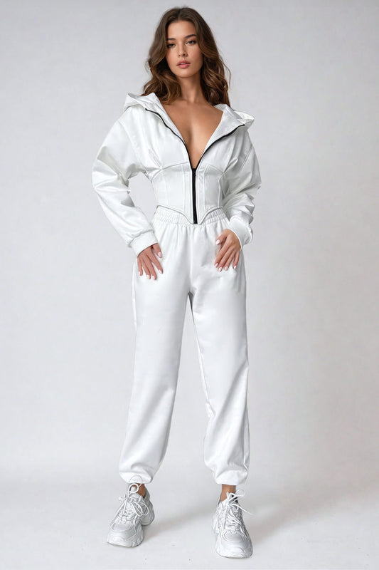 Two-Piece Set with Corset-Style Zip-Up Hoodie and Trousers - White