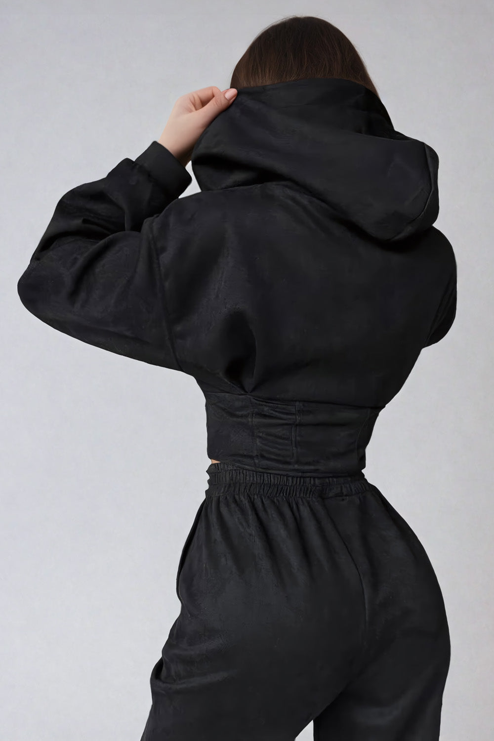 Two-Piece Set with Corset-Style Zip-Up Hoodie and Trousers - Black