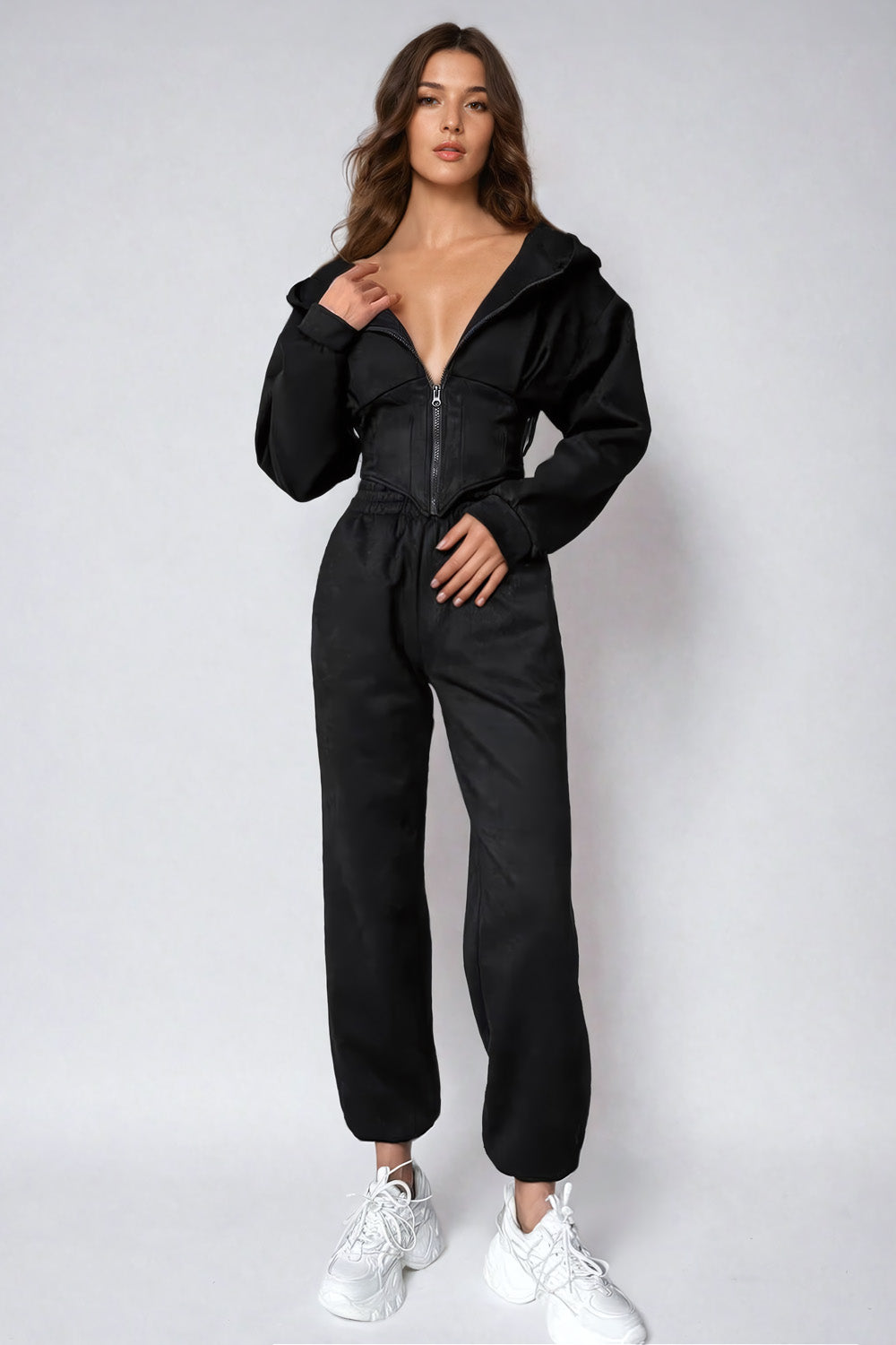 Two-Piece Set with Corset-Style Zip-Up Hoodie and Trousers - Black