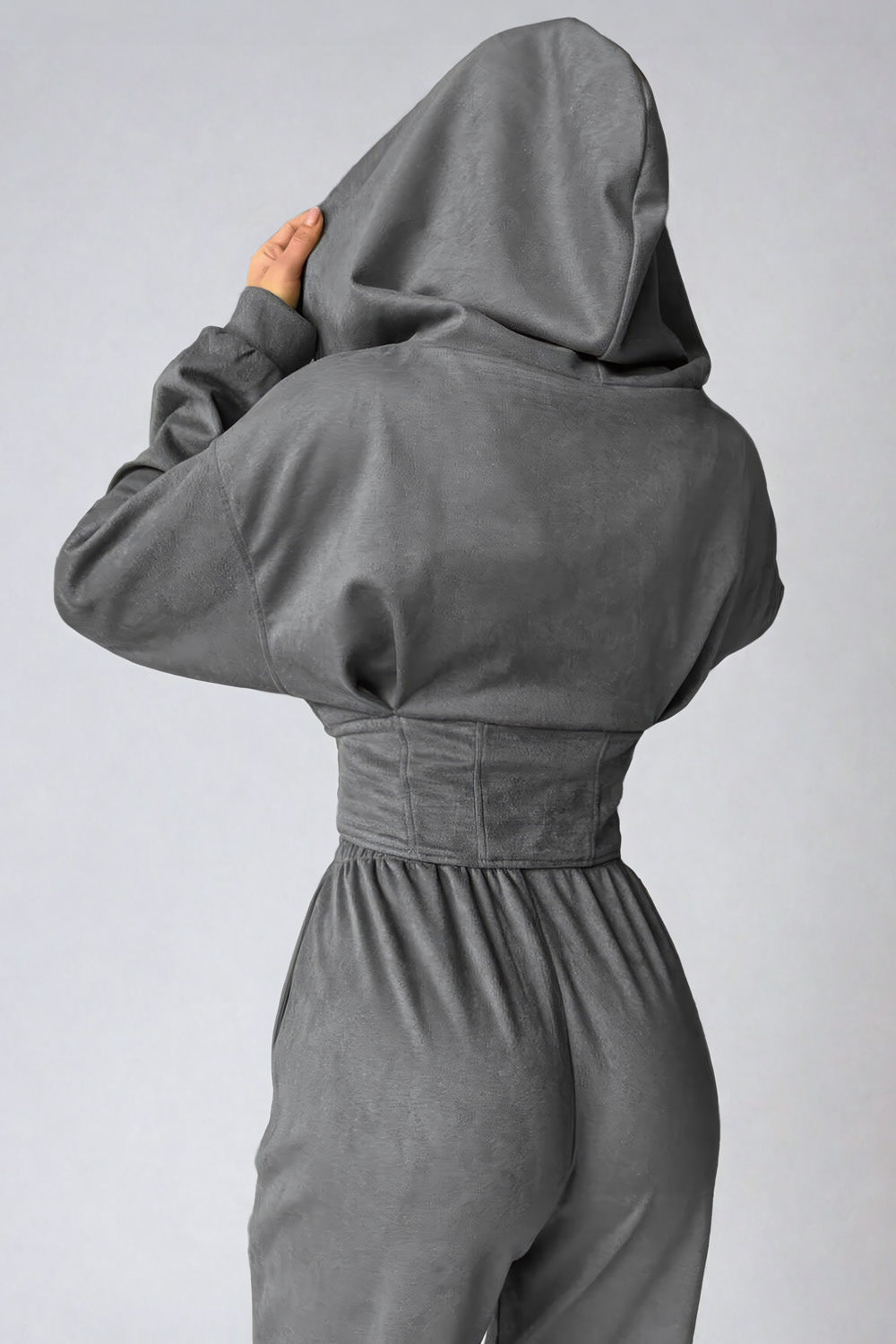 Two-Piece Set with Corset-Style Zip-Up Hoodie and Trousers - Gray