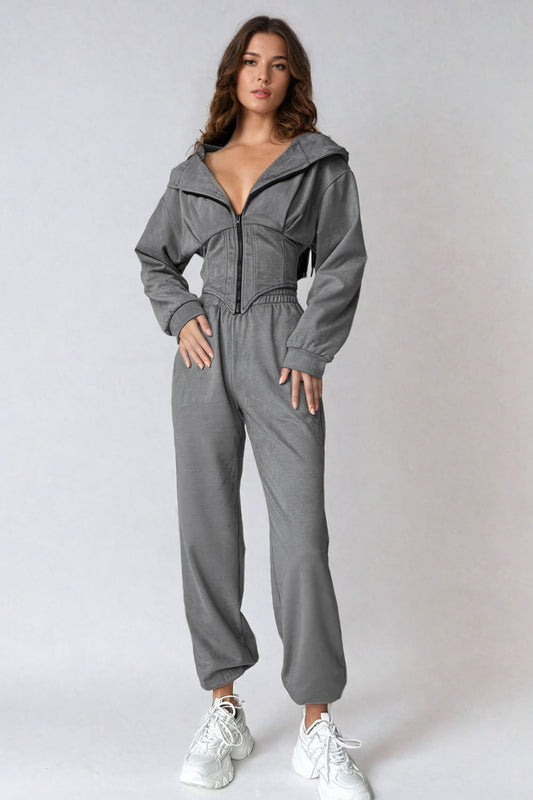 Two-Piece Set with Corset-Style Zip-Up Hoodie and Trousers - Gray