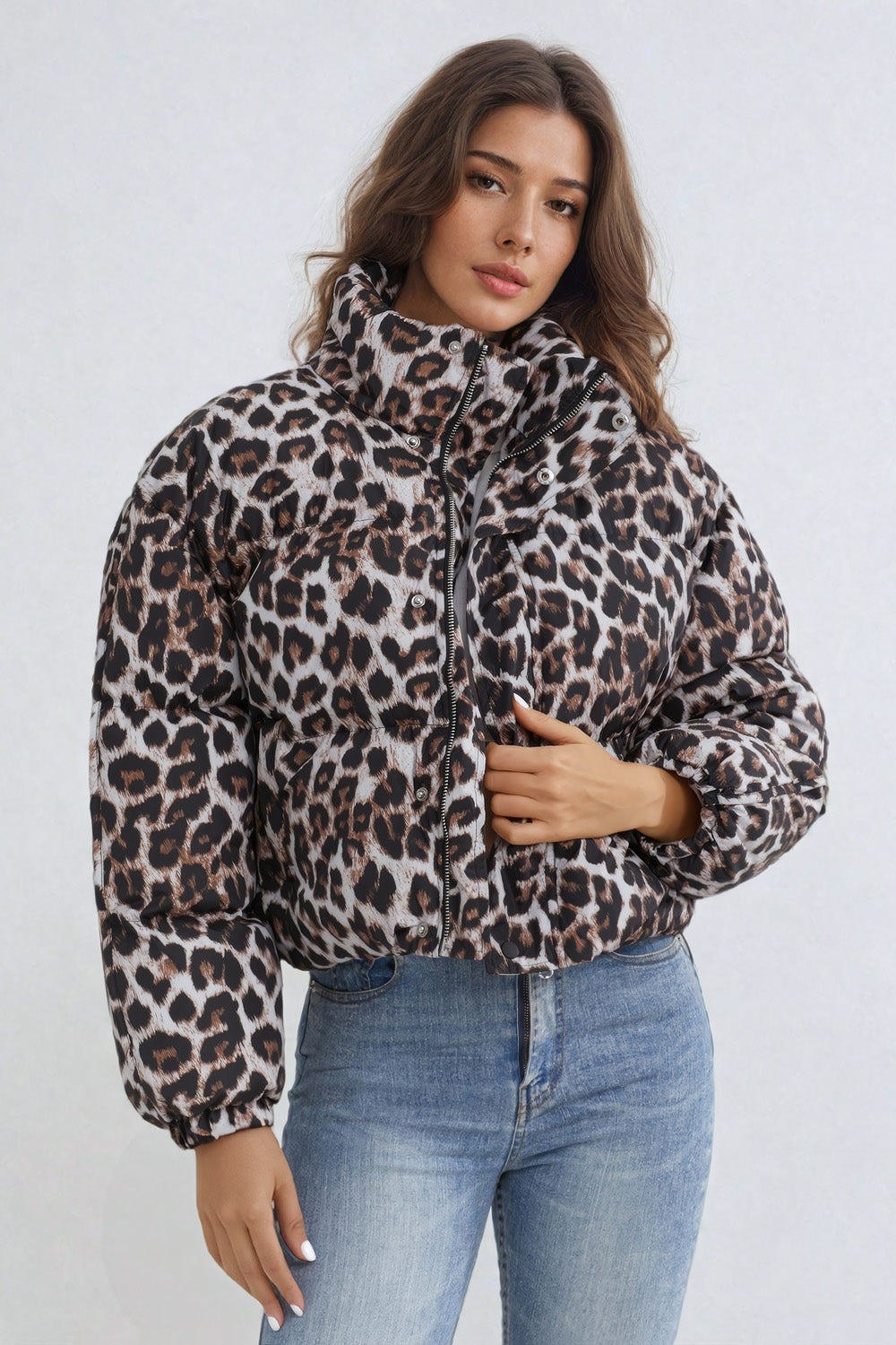 Cropped Leopard Puffer Jacket - Brown