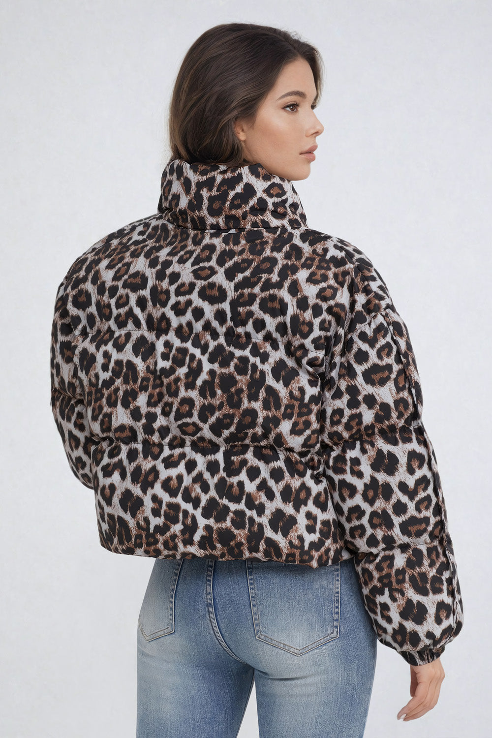 Cropped Leopard Puffer Jacket - Brown