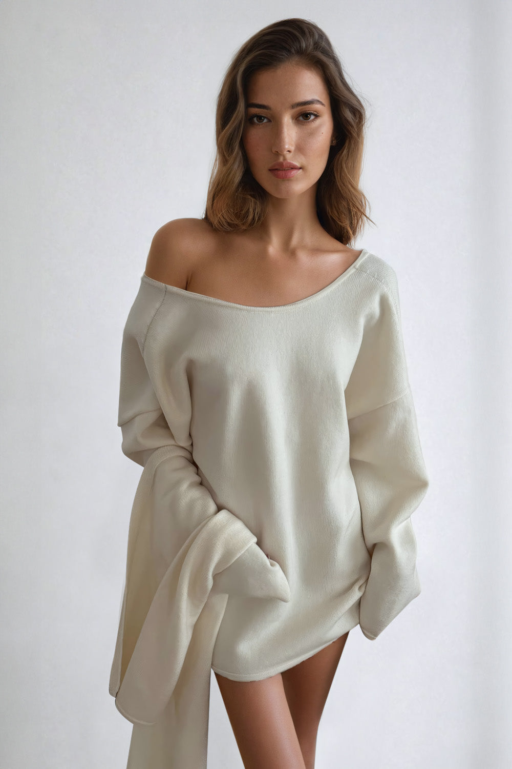 Off-Shoulder Knitted Mini Dress with Draped Accent - Beige