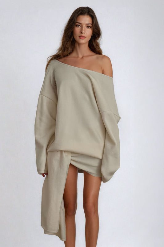 Off-Shoulder Knitted Mini Dress with Draped Accent - Beige