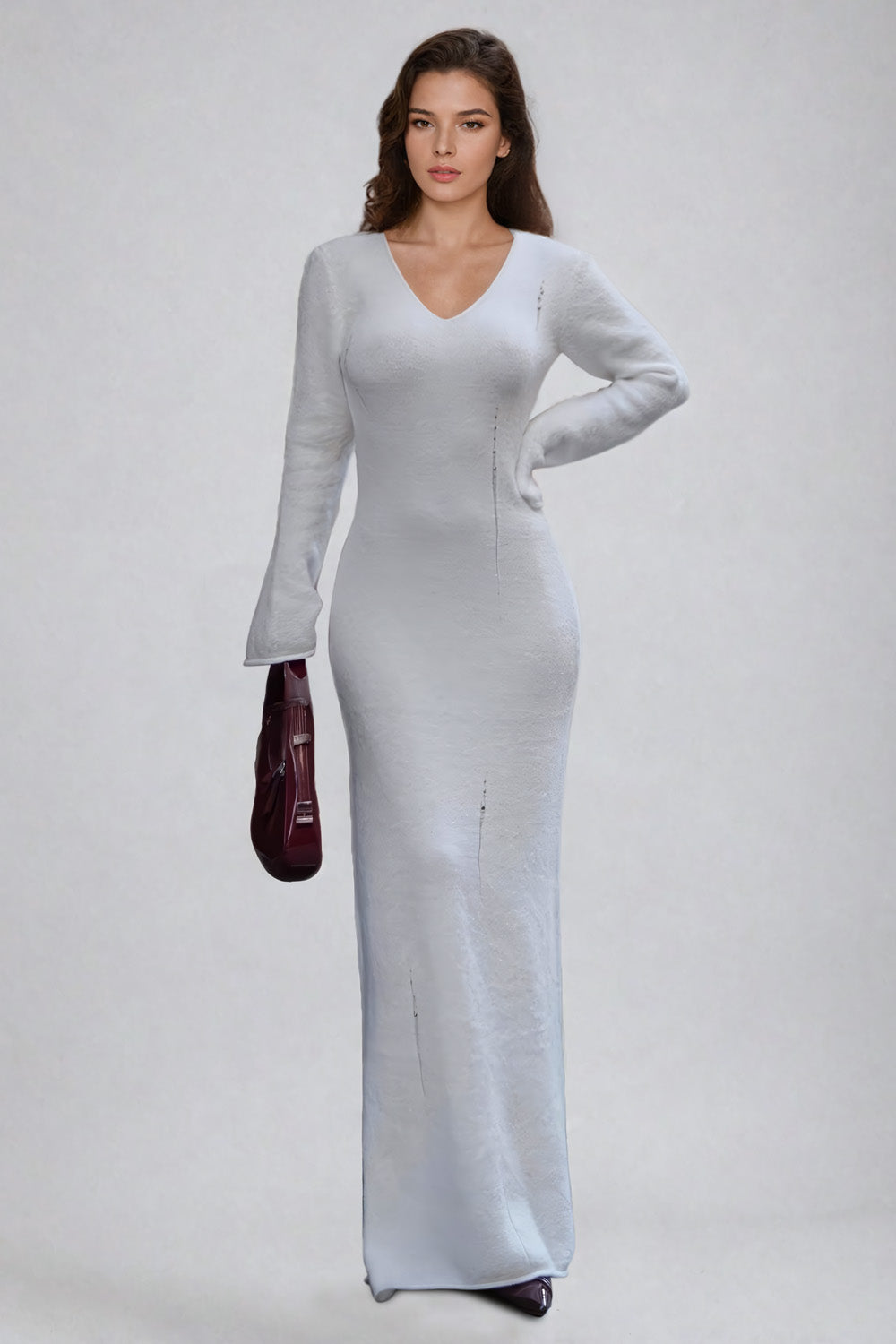 Knit Maxi Dress with V-Neckline and Long Sleeves - White