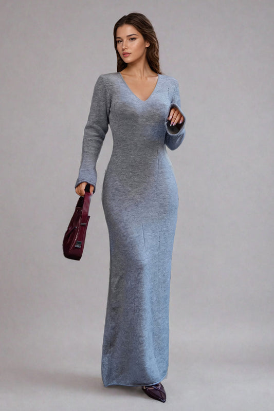 Knit Maxi Dress with V-Neckline and Long Sleeves - Gray