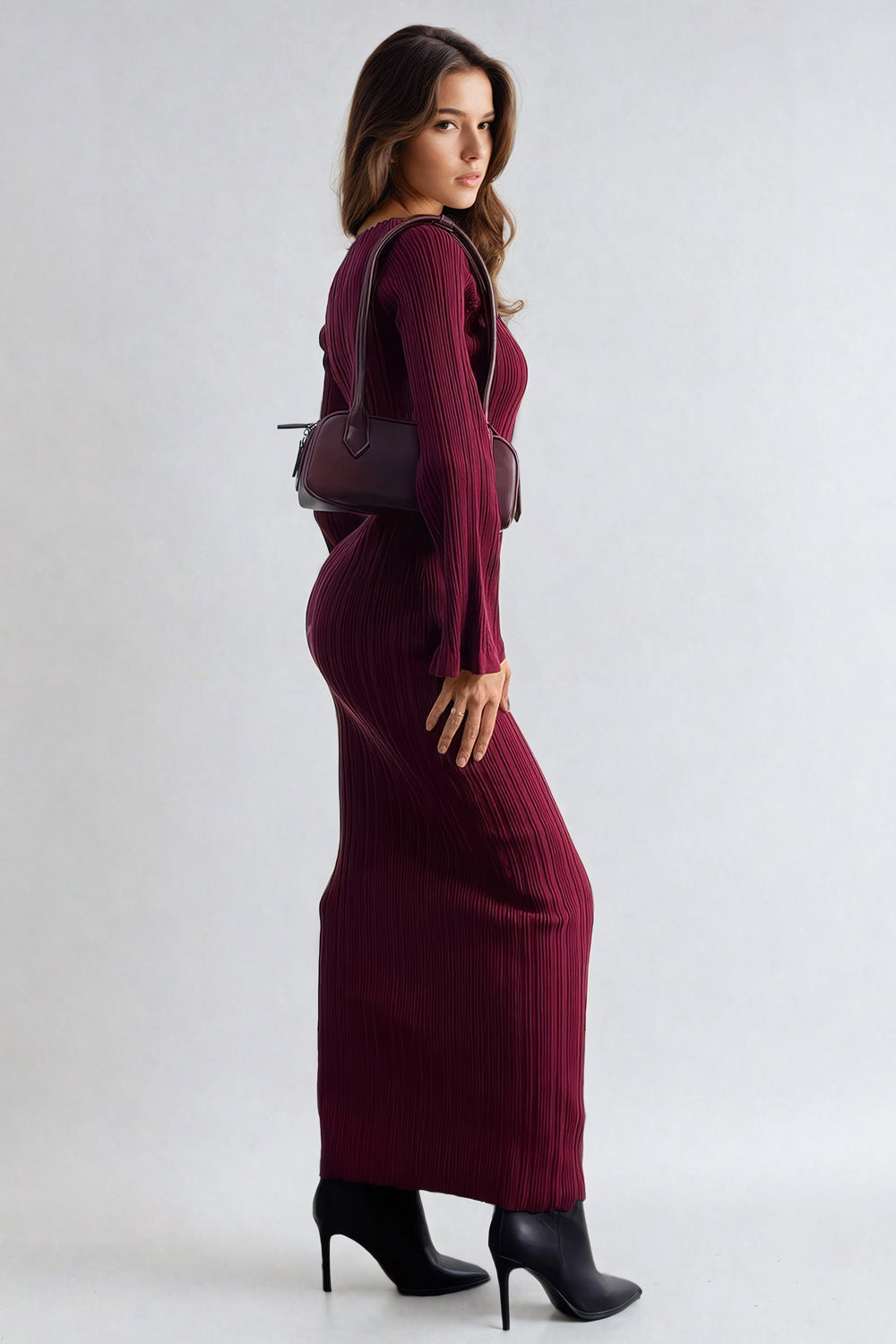 Ribbed Maxi Dress with Bell Sleeves - Red