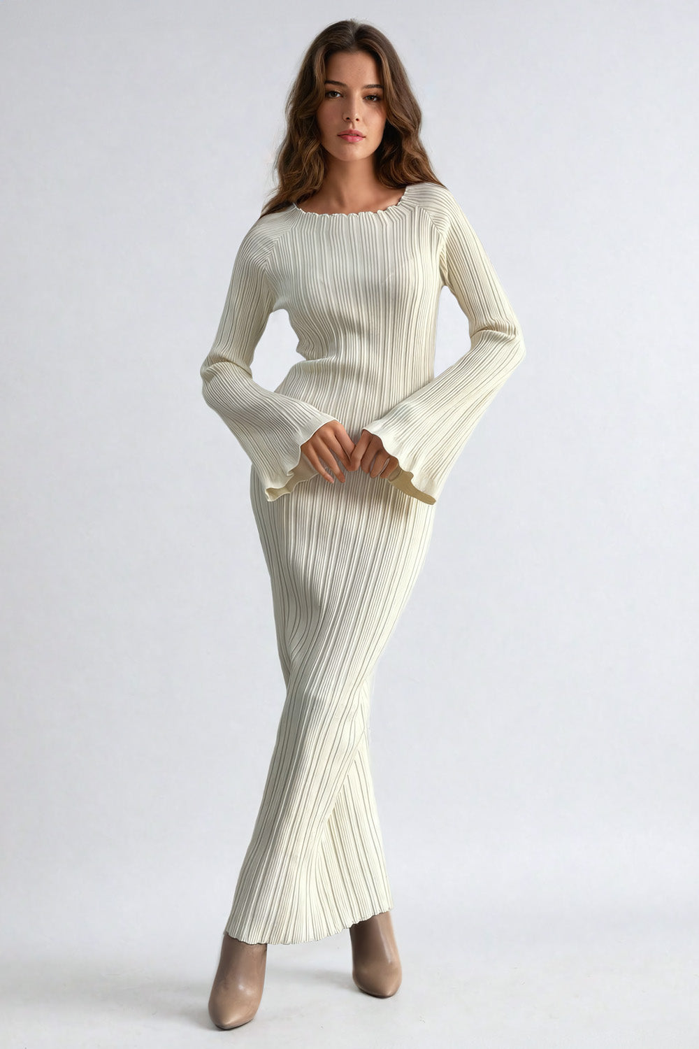 Ribbed Maxi Dress with Bell Sleeves - Beige