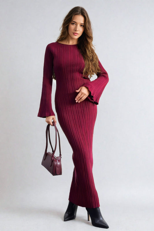 Ribbed Maxi Dress with Bell Sleeves - Red