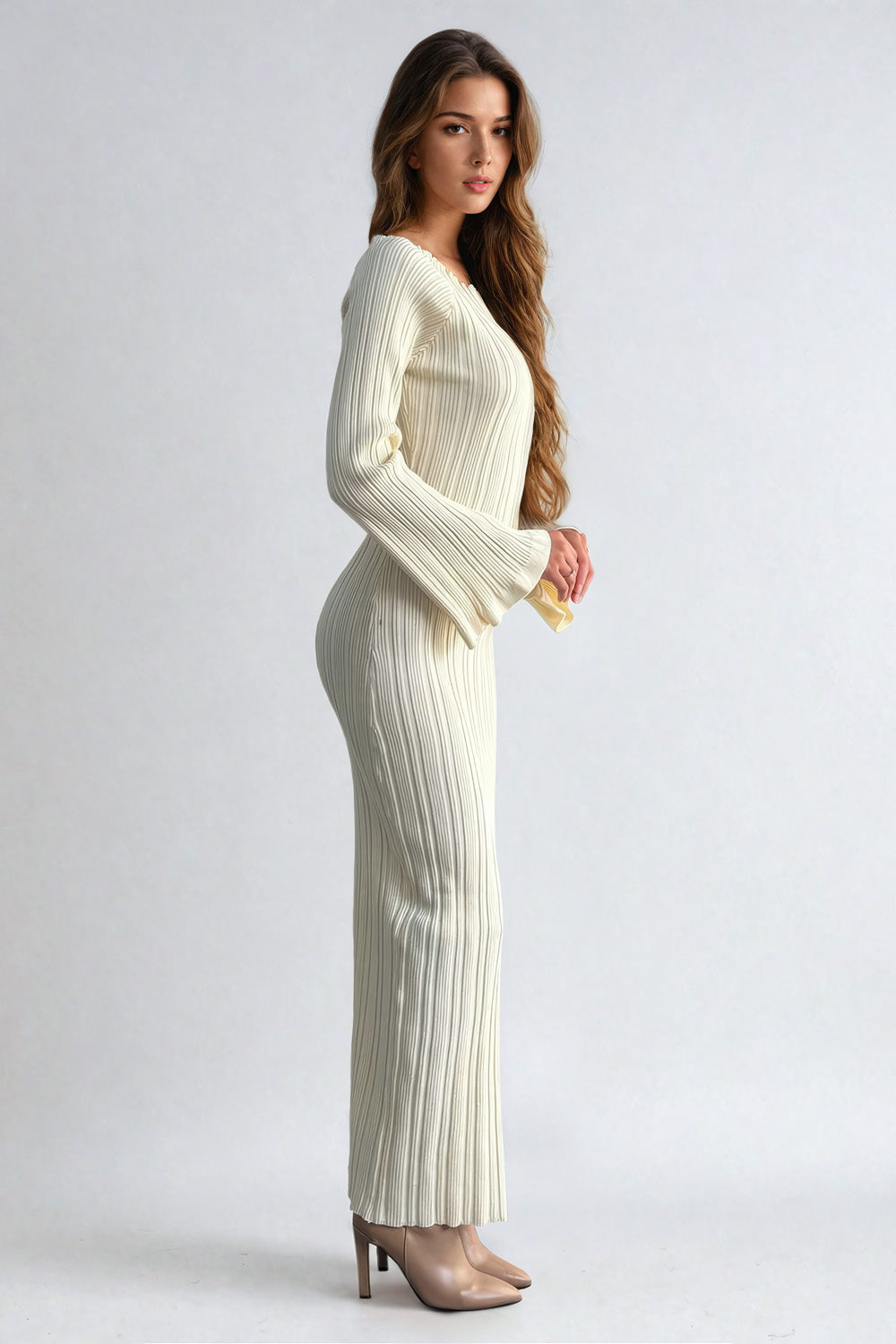 Ribbed Maxi Dress with Bell Sleeves - Beige