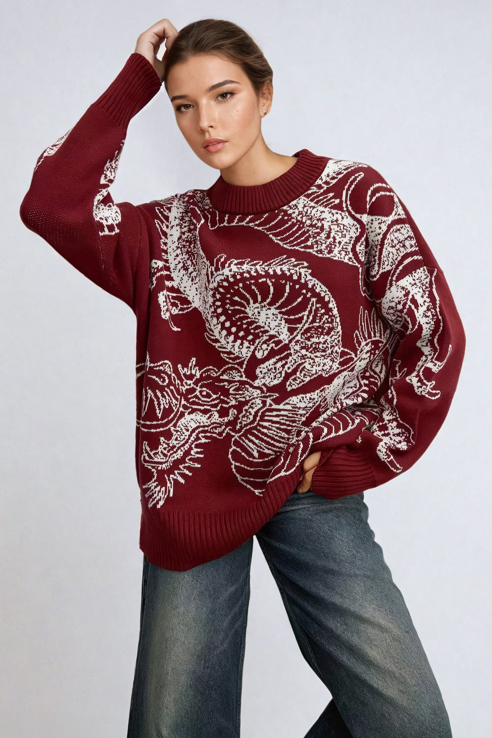 Oversized Dragon-Pattern Sweater with Distressed Detailing - Red