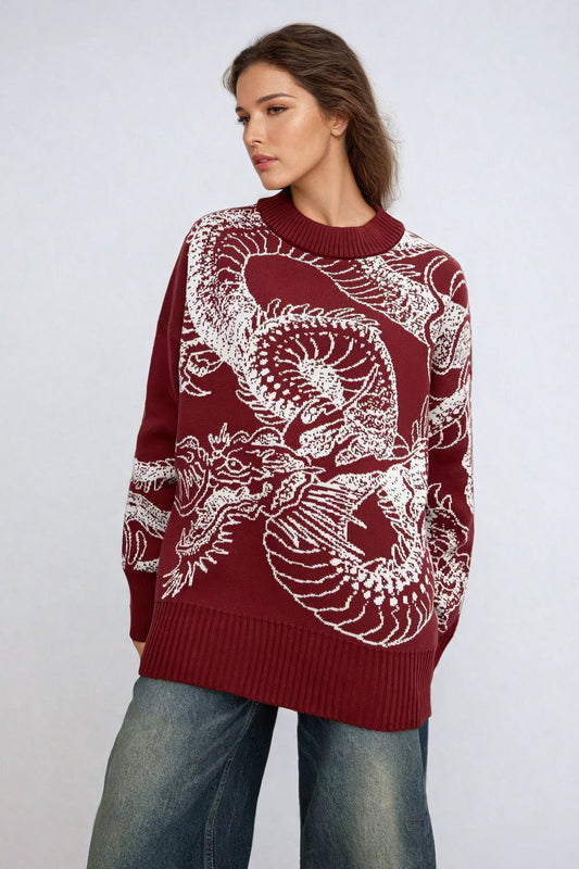 Oversized Dragon-Pattern Sweater with Distressed Detailing - Red