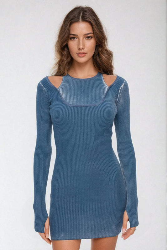 Ribbed Knit Mini Dress with Cut-Out Shoulder Details - Blue