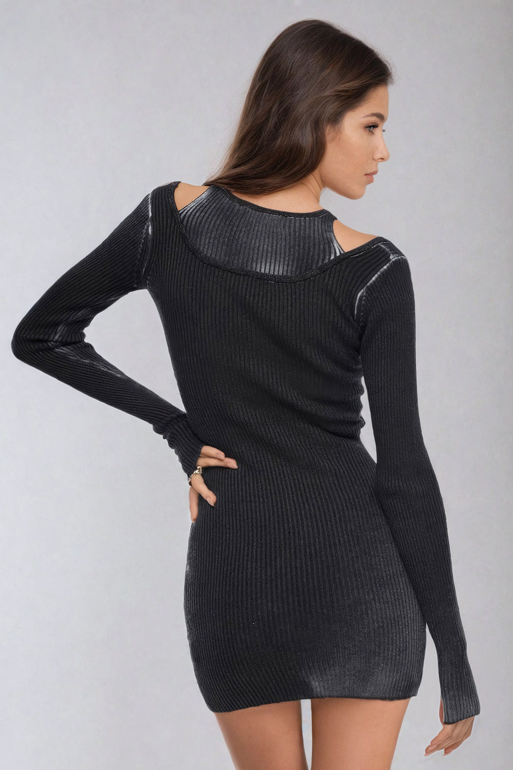 Ribbed Knit Mini Dress with Cut-Out Shoulder Details - Black