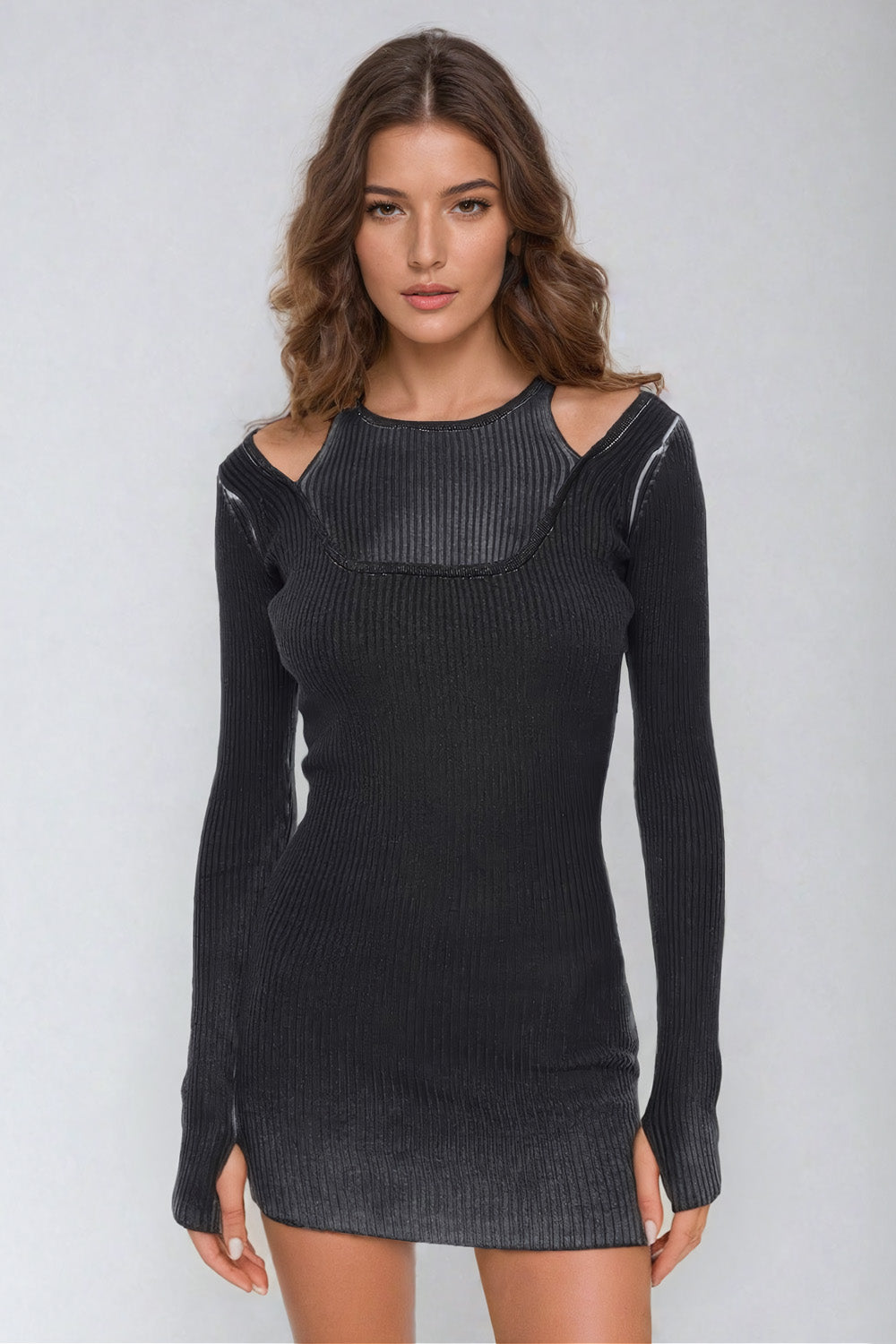 Ribbed Knit Mini Dress with Cut-Out Shoulder Details - Black