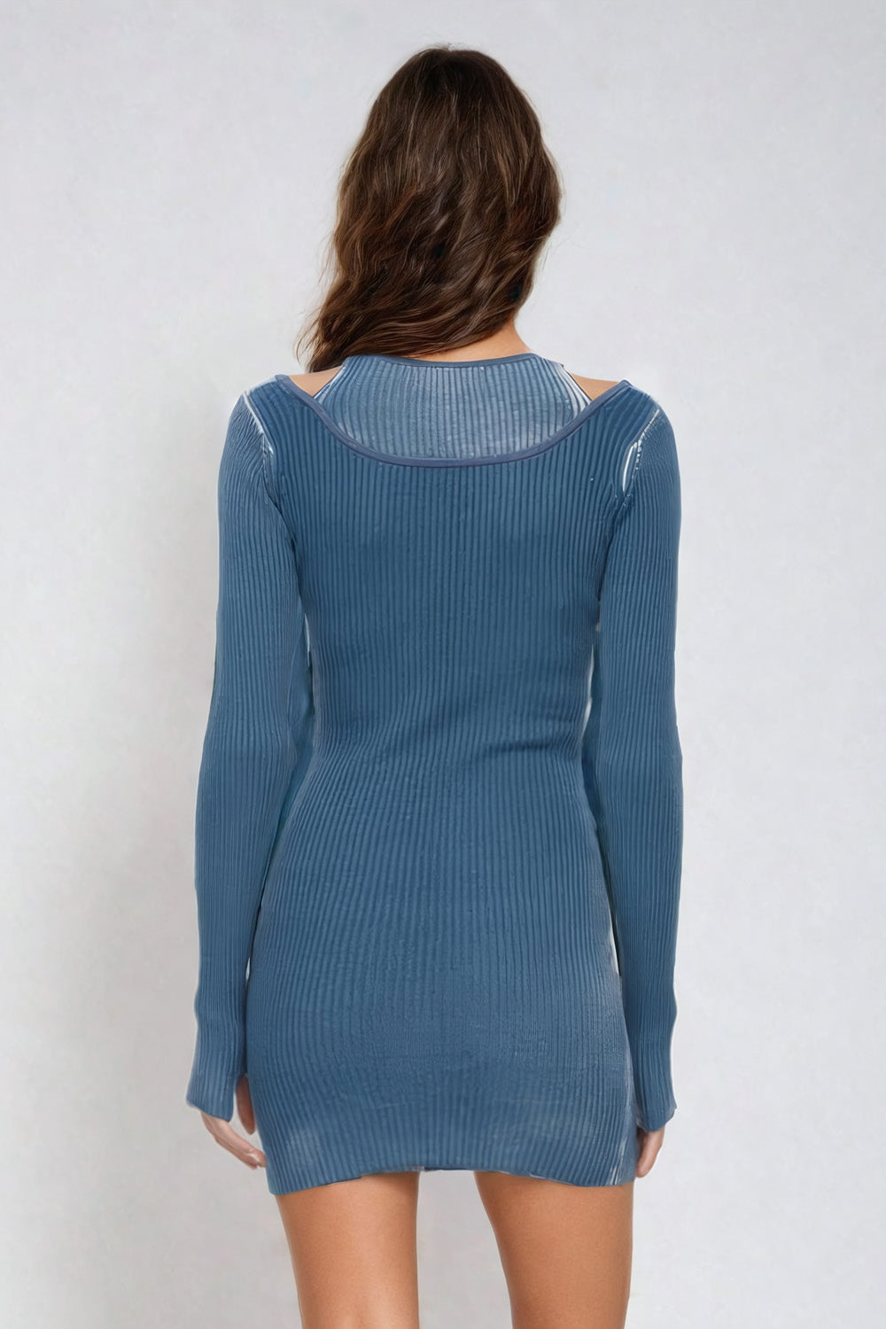 Ribbed Knit Mini Dress with Cut-Out Shoulder Details - Blue