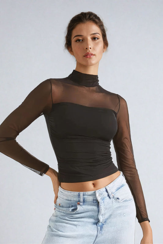 Long-Sleeve High Neck Mesh Top - Black