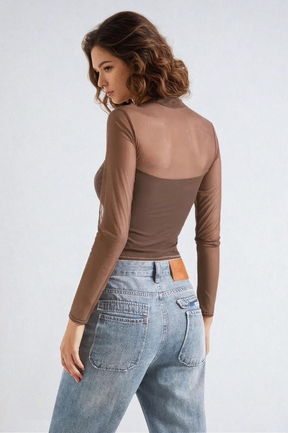 Long-Sleeve High Neck Mesh Top - Brown